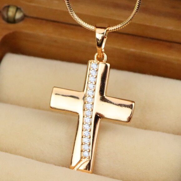 "Rose Gold Cross Pendant with CZ Accents, XPPT1396 - Picture 1 of 13